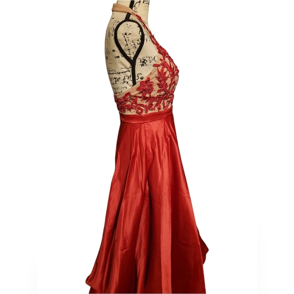 TLC Say Yes To The Prom Elegant Red Halter Evening Gown - Picture 5 of 11